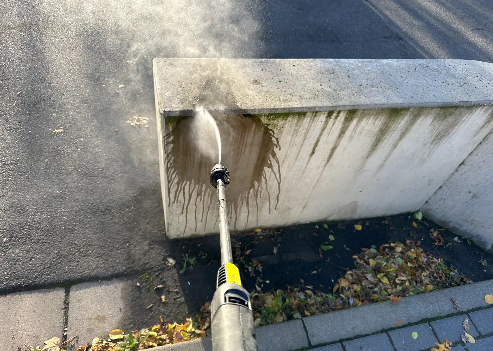 Kontrollierte Druckreinigung eines bewachsenen Sichtbeton-Sockels im Außenbereich